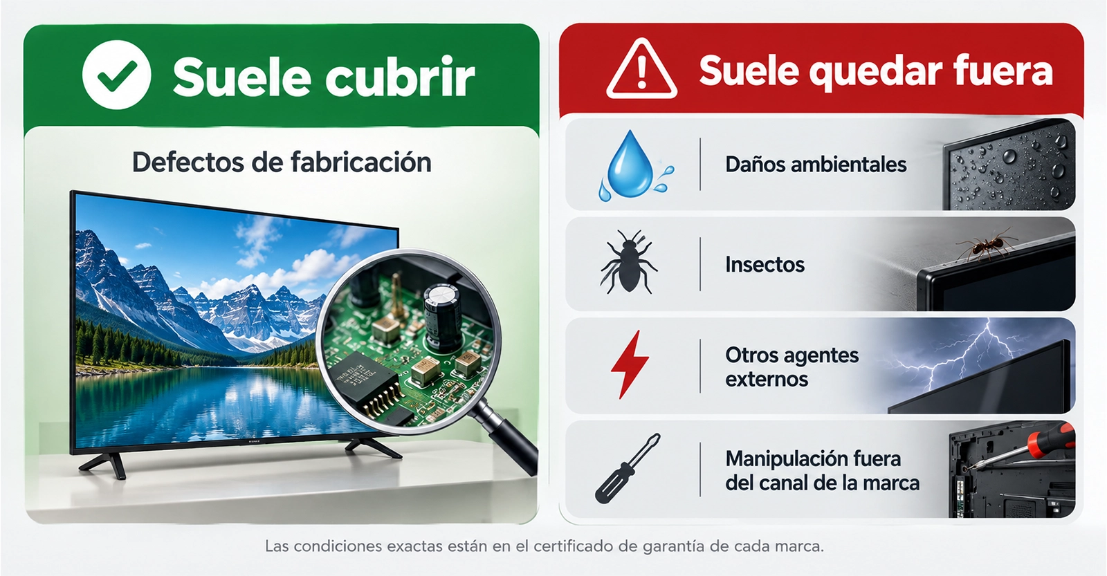 Qué cubre la garantía del fabricante de un televisor y qué daños quedan fuera de la reparación en garantía