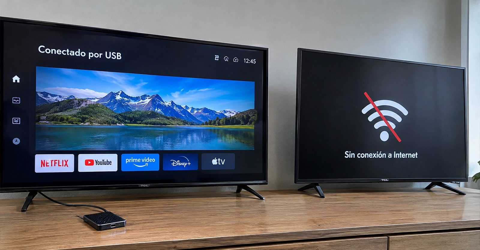 Televisor conectado por USB y cable de red, frente a otro con el wifi tachado